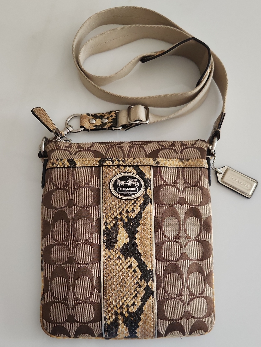 Coach Brown and Beige Signature Crossbody with Snake-Print Trim